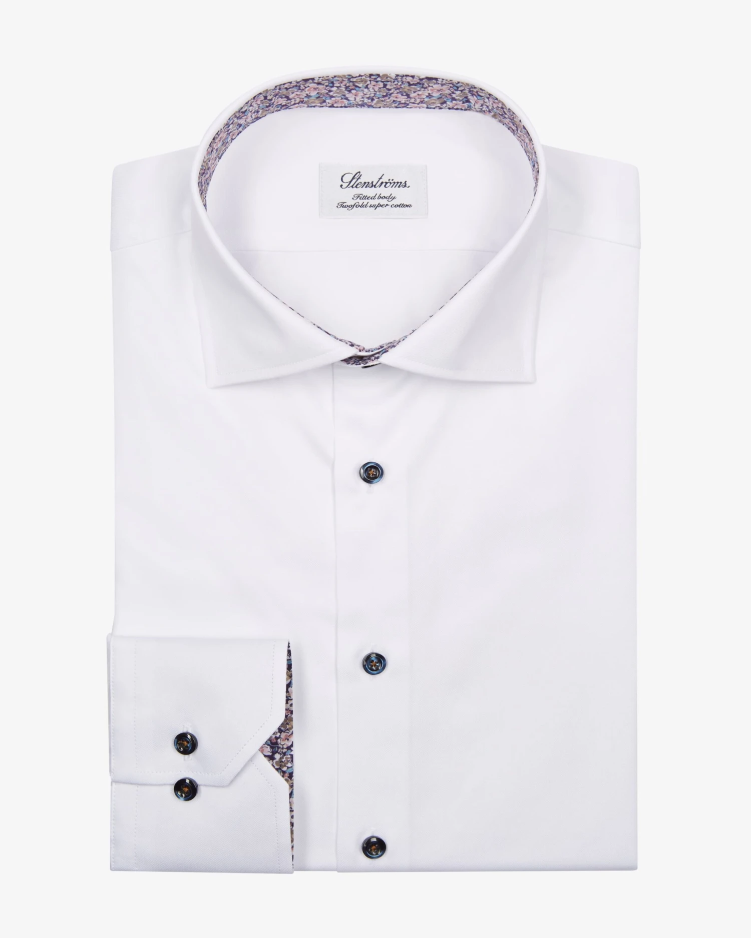 White Twill Fitted Body Shirt W/ Floral Contrast Trims - Stenströms 3 White Twill Fitted Body Shirt W/ Floral Contrast Trims - Stenströms