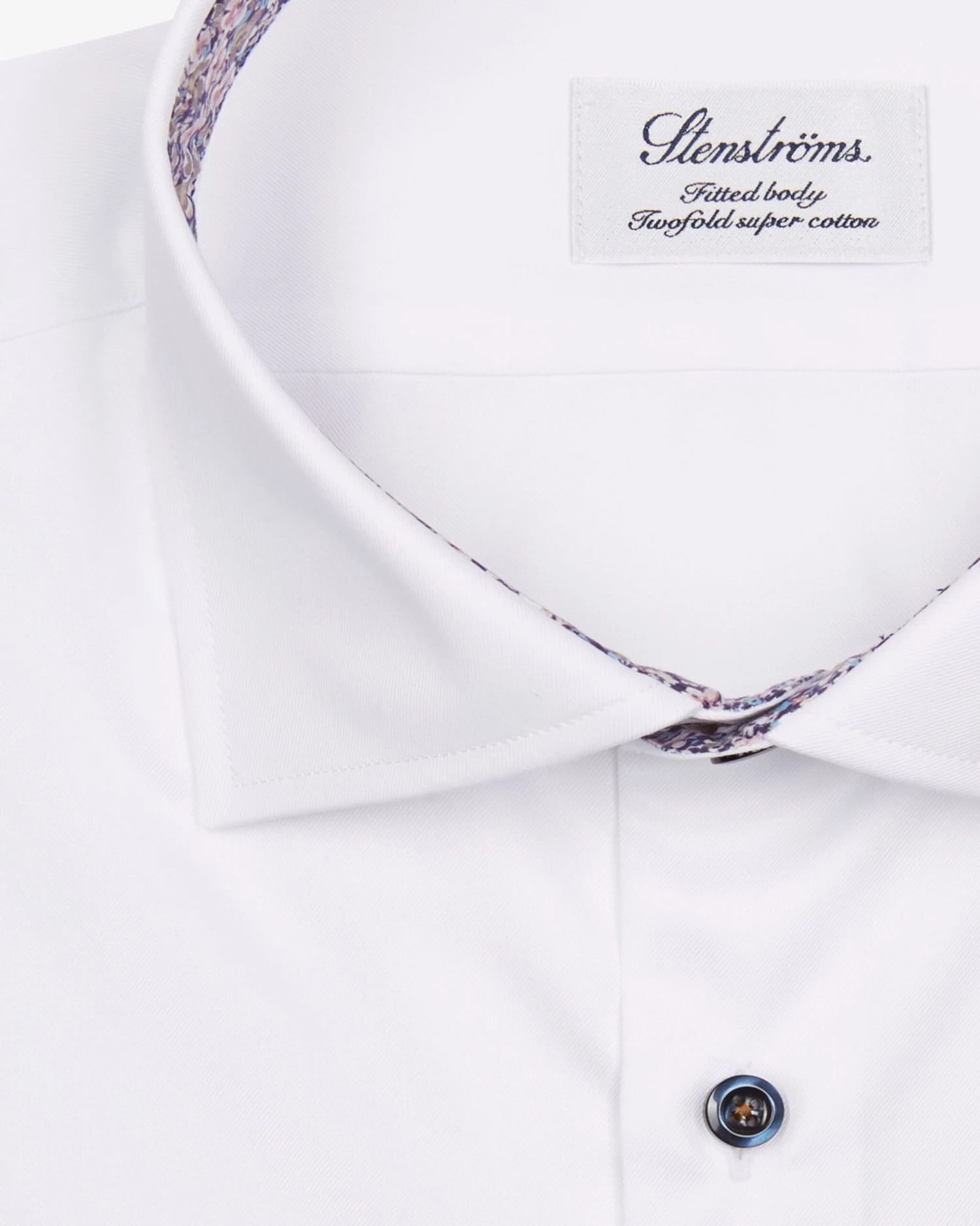 White Twill Fitted Body Shirt W/ Floral Contrast Trims - Stenströms 4 White Twill Fitted Body Shirt W/ Floral Contrast Trims - Stenströms - Image 2