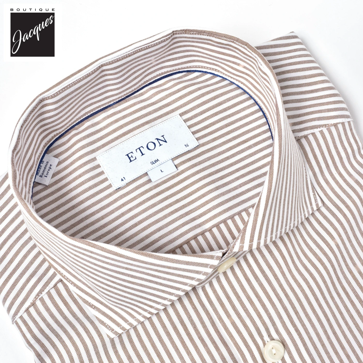 Beige Bengal Stripe Oxford Slim Fit Shirt - Eton 5 Beige Bengal Stripe Oxford Slim Fit Shirt - Eton - Image 3