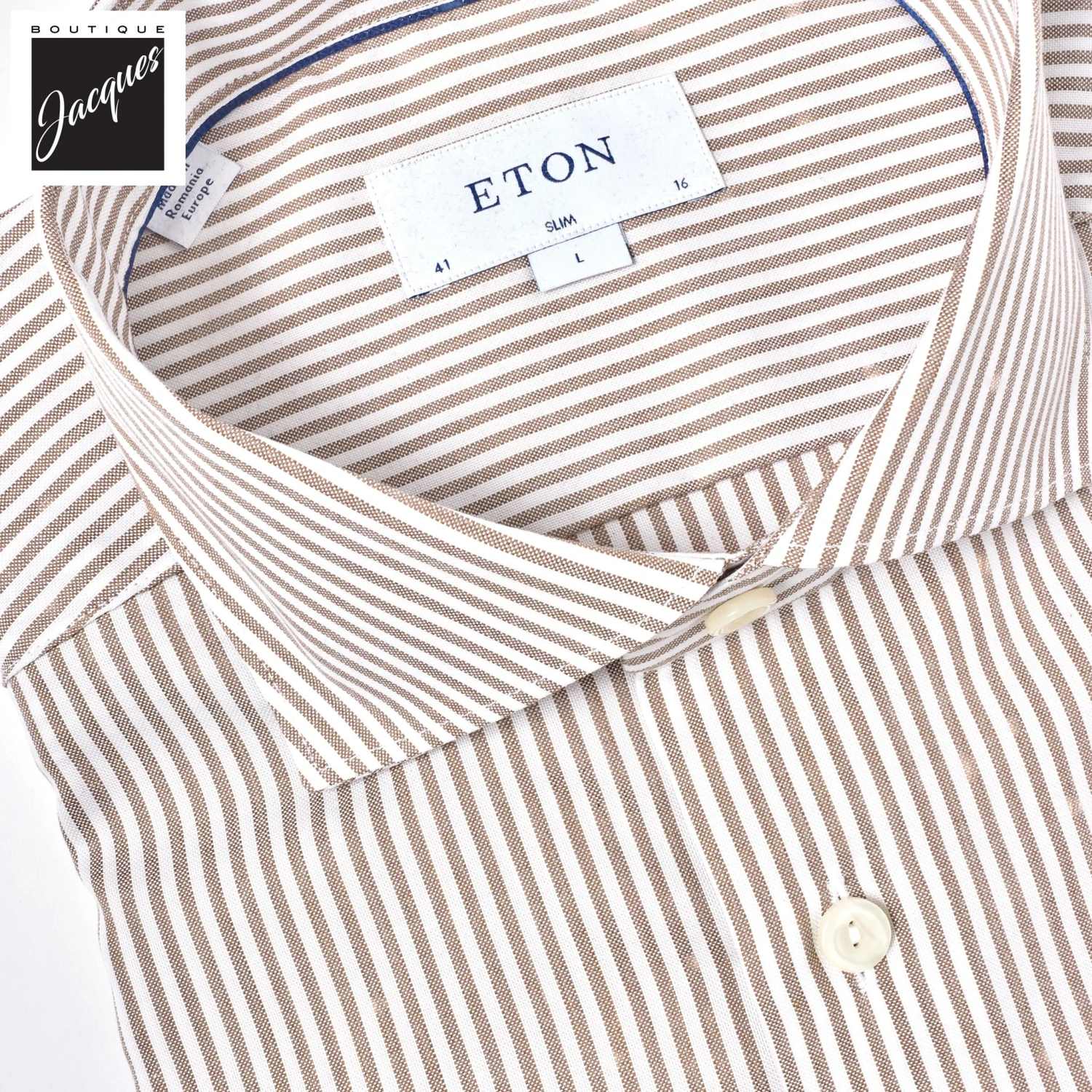 Beige Bengal Stripe Oxford Slim Fit Shirt - Eton 4 Beige Bengal Stripe Oxford Slim Fit Shirt - Eton - Image 2