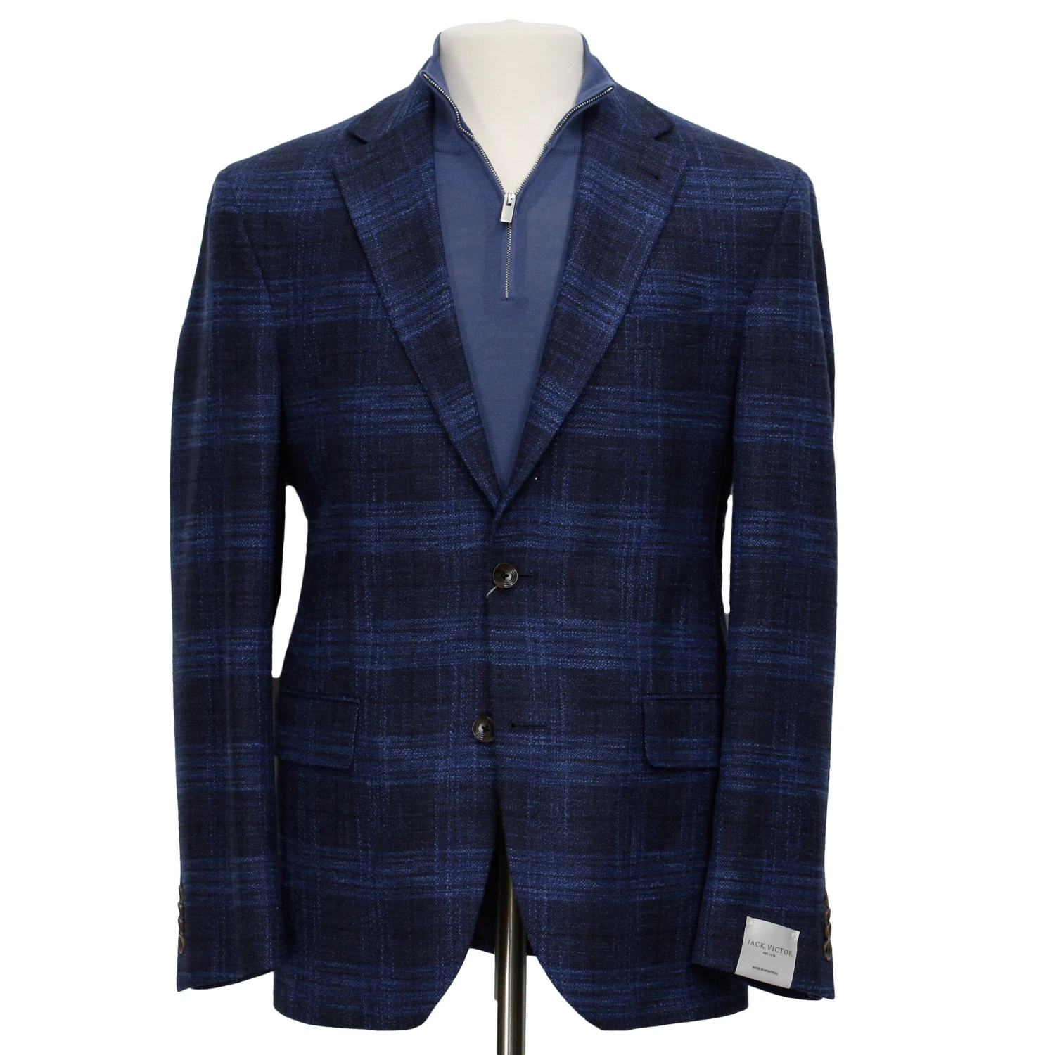 Blue Tonal Plaid Dallas Contemporary Fit Wool-Silk-Cotton Sport Jacket - Jack Victor 3 Blue Tonal Plaid Dallas Contemporary Fit Wool-Silk-Cotton Sport Jacket - Jack Victor