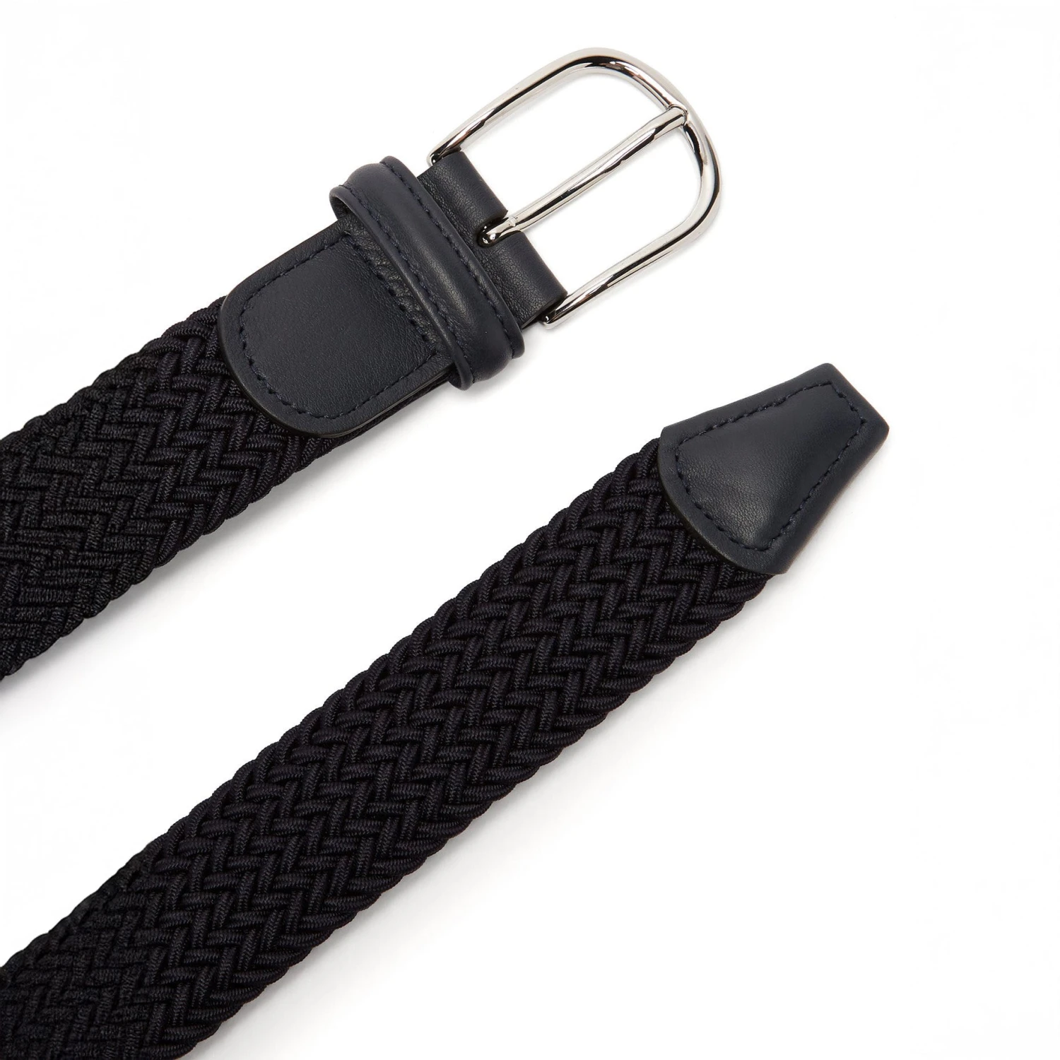 Navy Solid Woven Elastic Belt With Navy Leather Tips - Anderson's 4 Navy Solid Woven Elastic Belt With Navy Leather Tips - Anderson's - Image 2