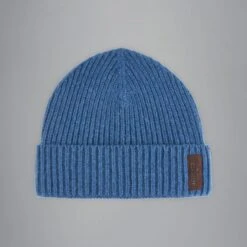 Paul&Shark Blue Ribbed Knit Re-Wool Beanie With Sueded Leather Badge - Paul & Shark