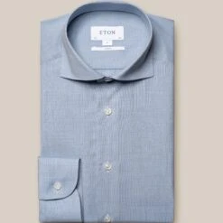 Light Blue Houndstooth Merino Wool Slim Fit Shirt - ETON