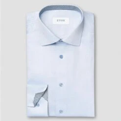 Light Blue Geometric Effect Contrast Signature Twill Slim Fit Shirt - ETON