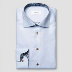 Light Blue Geometric Trim Textured Twill Contemporary Fit Shirt - ETON