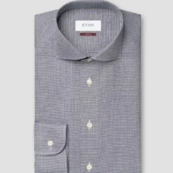 Navy Blue Houndstooth Cotton-Linen Contemporary Fit Shirt - ETON