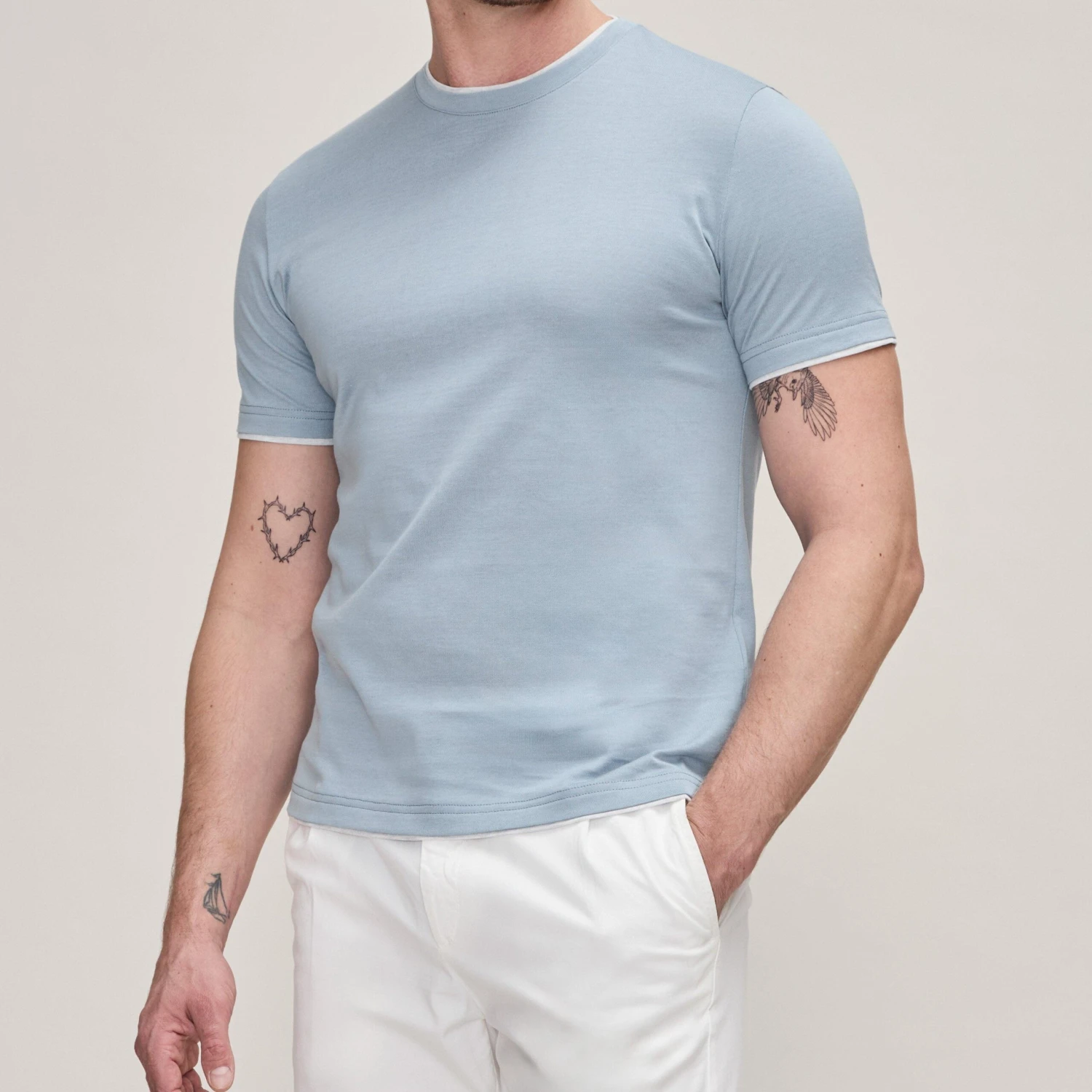 Light Blue Double-Collared Crew Neck Cotton T-Shirt - ELEVENTY PLATINUM 3 Light Blue Double-Collared Crew Neck Cotton T-Shirt - ELEVENTY PLATINUM