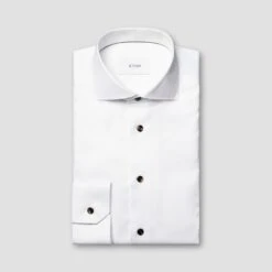 White Solid Signature Twill Slim Fit Shirt W/ Brown Buttons - ETON