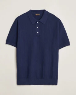 Navy Blue Knit Short Sleeve Linen-Cotton Polo Shirt - Stenströms -ETON Store 26093711r 1