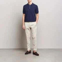 Navy Blue Knit Short Sleeve Linen-Cotton Polo Shirt - Stenströms -ETON Store 26093711r 2
