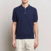 Navy Blue Knit Short Sleeve Linen-Cotton Polo Shirt - Stenströms
