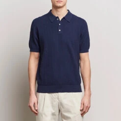 Navy Blue Knit Short Sleeve Linen-Cotton Polo Shirt - Stenströms
