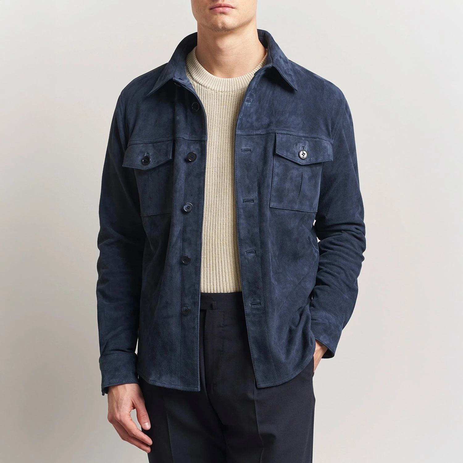 Navy Goat Suede Overshirt - Stenströms 3 Navy Goat Suede Overshirt - Stenströms