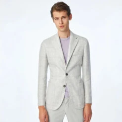 Light Gray Prince Of Wales Linen-Cotton Contemporary Fit Sport Jacket - L.B.M 1911