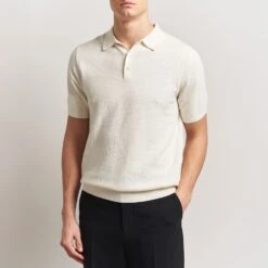 Offwhite Textured Cotton/Linen Polo Shirt - Stenströms