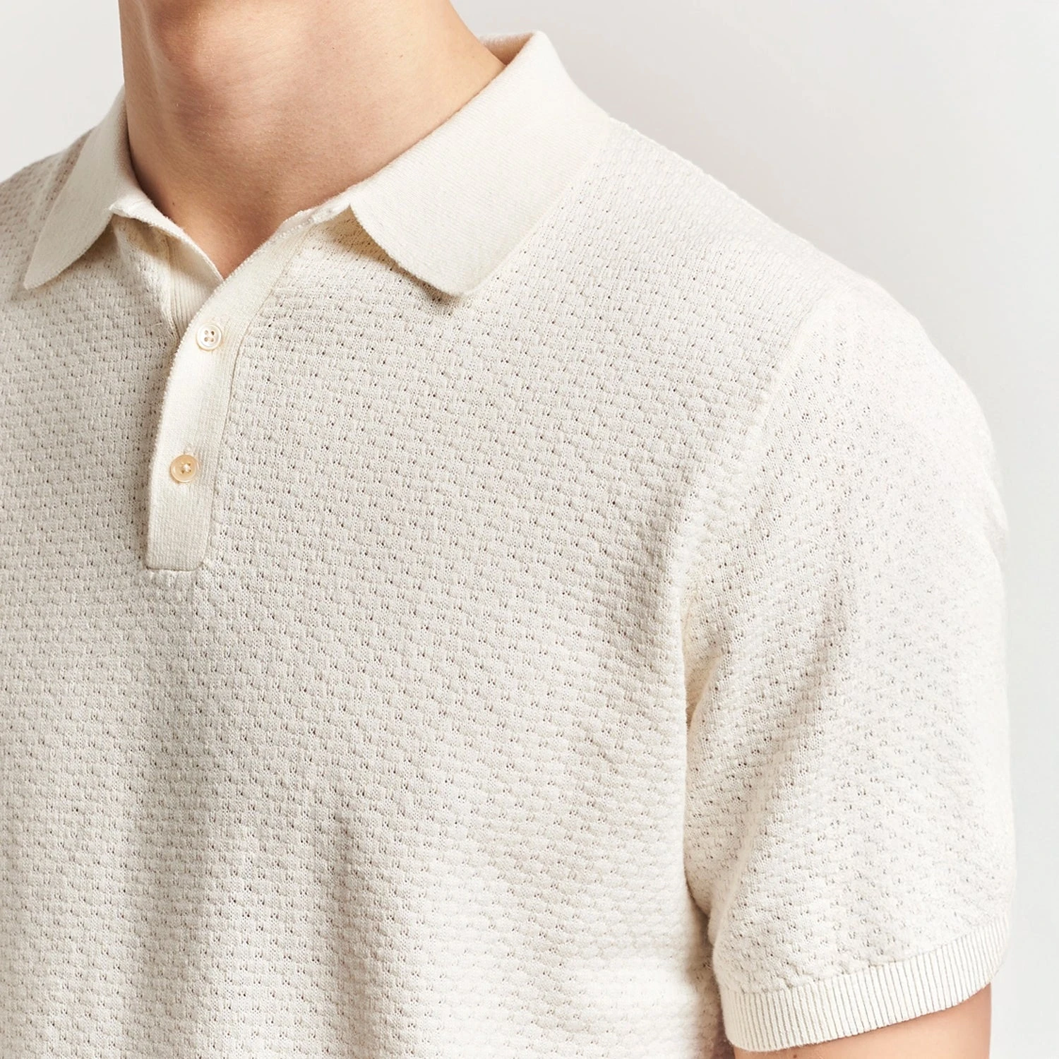 Offwhite Textured Cotton/Linen Polo Shirt - Stenströms 7 Offwhite Textured Cotton/Linen Polo Shirt - Stenströms - Image 5