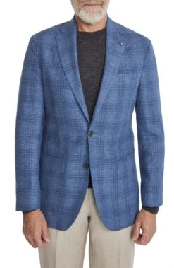 Mid-Blue Check Wool-Linen Hampton Contemporary Fit Sport Jacket - Jack Victor