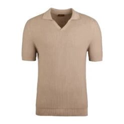 Beige Knitted Merino Wool Open Collar Polo Shirt - Stenströms