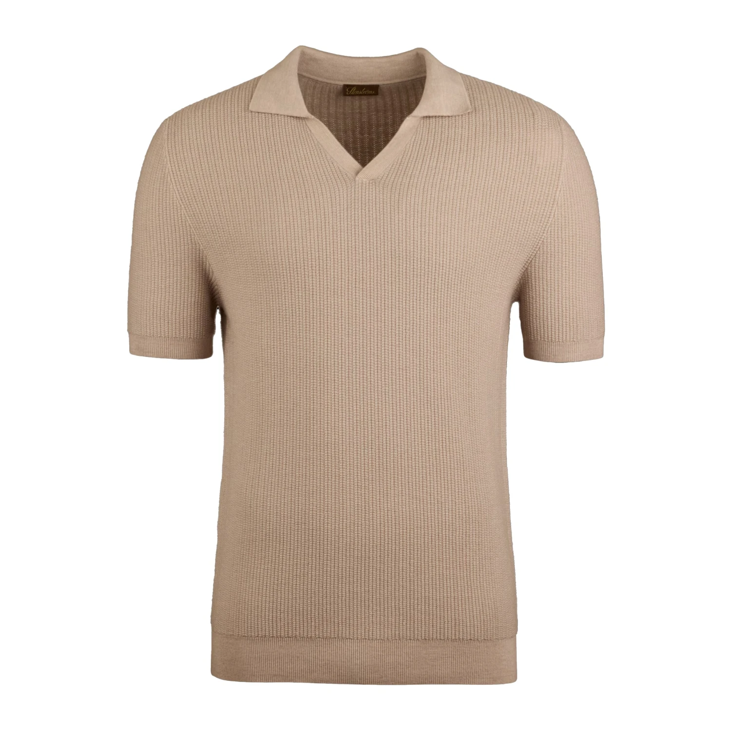 Beige Knitted Merino Wool Open Collar Polo Shirt - Stenströms 3 Beige Knitted Merino Wool Open Collar Polo Shirt - Stenströms
