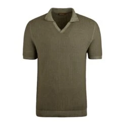 Green Knitted Merino Wool Open Collar Polo Shirt - Stenströms