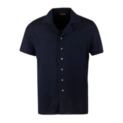 Navy Blue Short Sleeve Linen-Stretch Knitted Resort Shirt - Stenströms