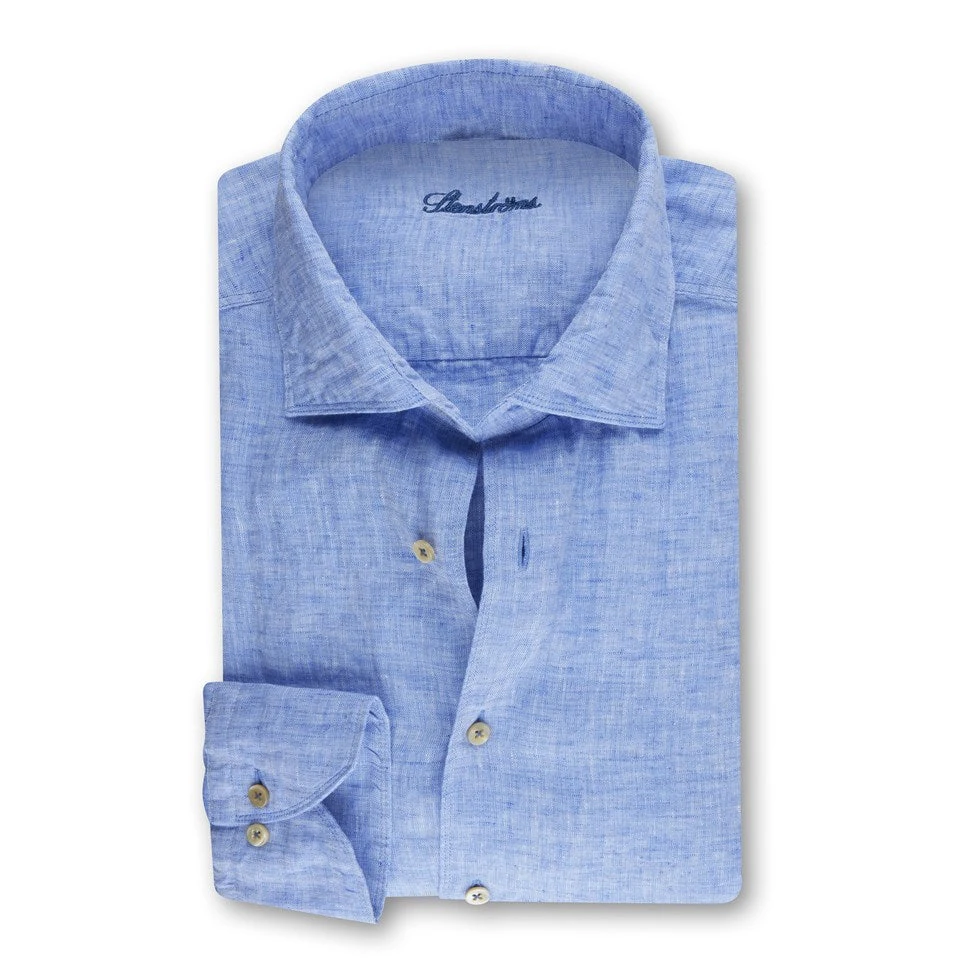 Blue Linen Fitted Body Shirt - Stenströms 3 Blue Linen Fitted Body Shirt - Stenströms