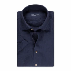 Dark Blue Linen Short Sleeves Fitted Body Shirt - Stenströms