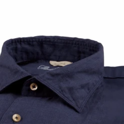Dark Blue Linen Short Sleeves Fitted Body Shirt - Stenströms -ETON Store 6757247970160 3