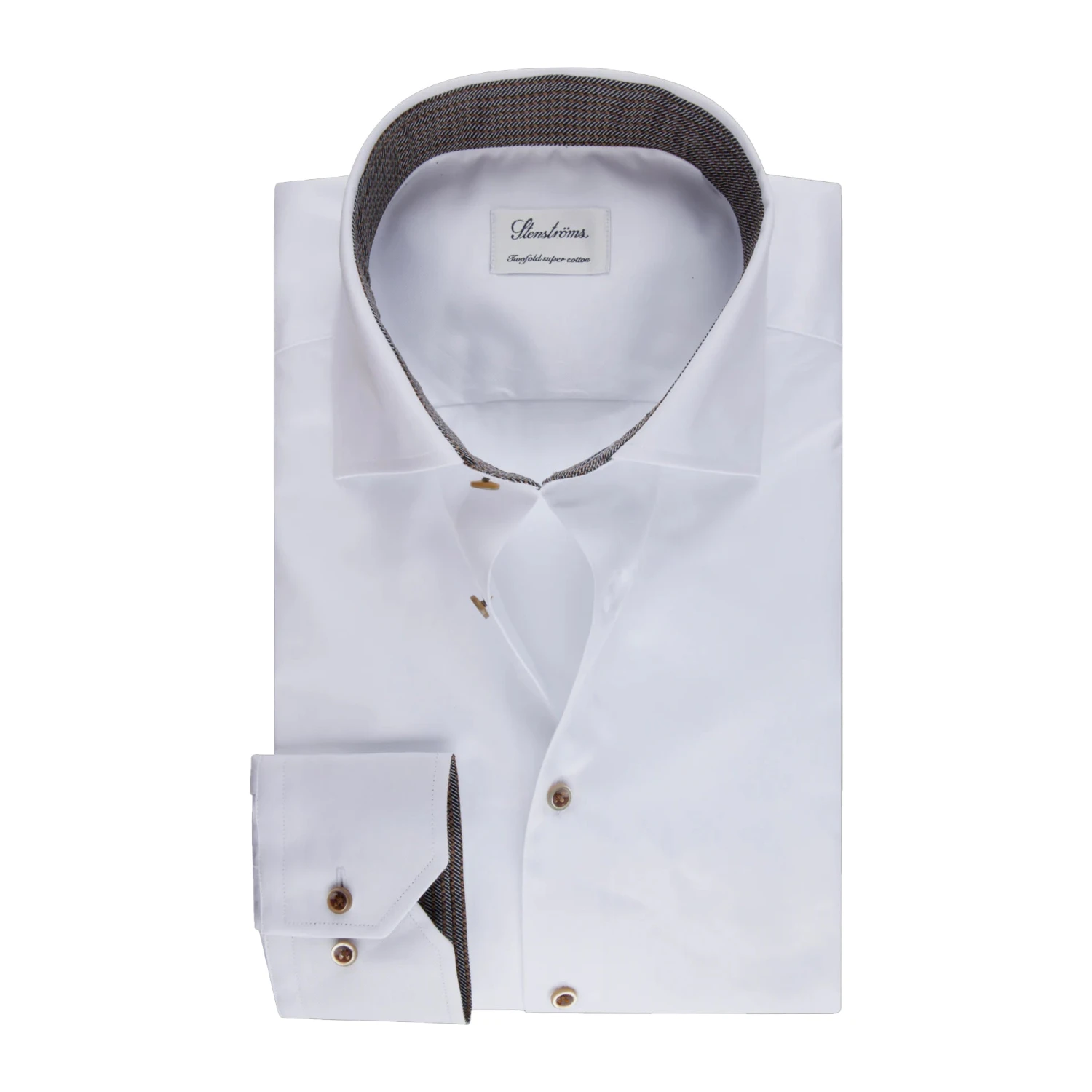 White With Brown Contrast Fitted Body Twill Shirt - Stenströms 3 White With Brown Contrast Fitted Body Twill Shirt - Stenströms