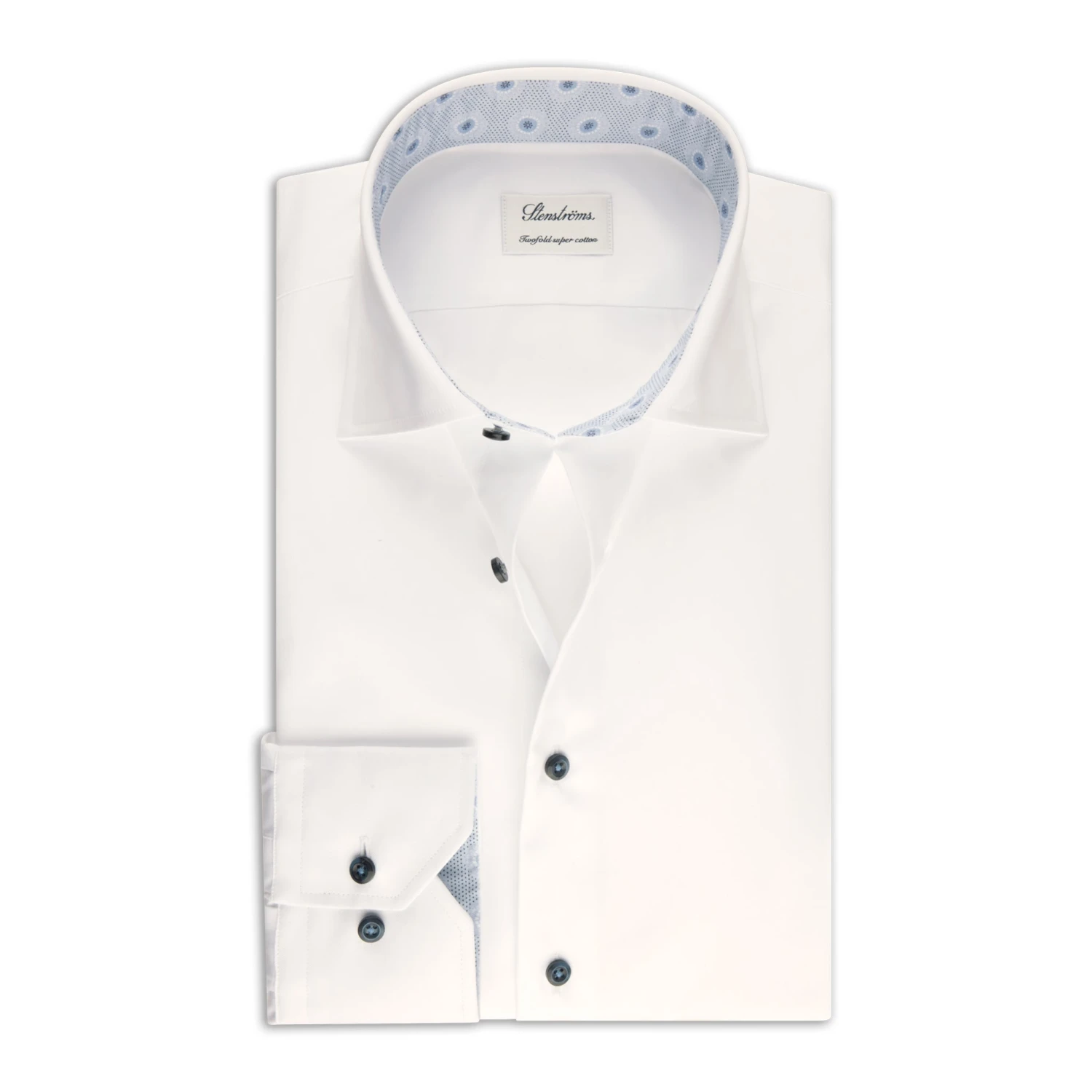White W/ Contrast Blue Details Cotton Twill Fitted Body Shirt - Stenströms 3 White W/ Contrast Blue Details Cotton Twill Fitted Body Shirt - Stenströms