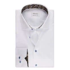 White W/ Floral Contrast Twill Fitted Body Shirt - Stenströms