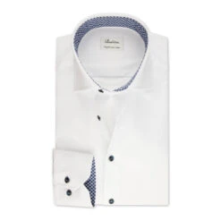 Stenströms White Twill Contrast Geometric Trim Fitted Body Dress Shirt