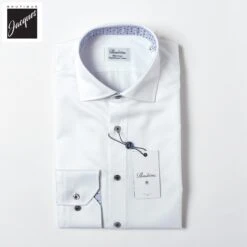 White Cotton Twill Fitted Body Dress Shirt With Geometric Trim - Stenströms