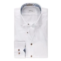 White W/ Blue & Brown Contrast Twill Fitted Body Shirt - Stenströms