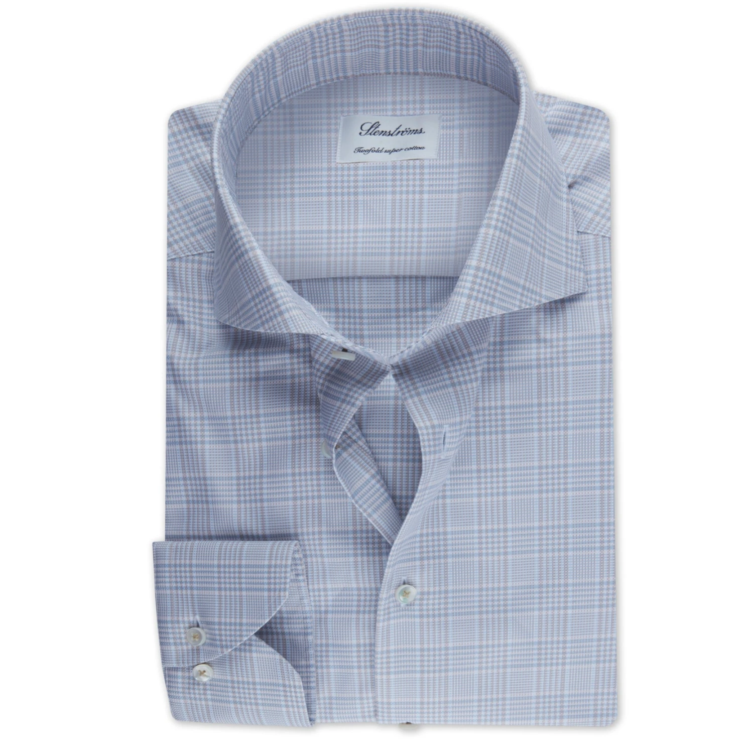 Light Blue & Beige Checked Slimline Twill Shirt - Stenströms 3 Light Blue & Beige Checked Slimline Twill Shirt - Stenströms