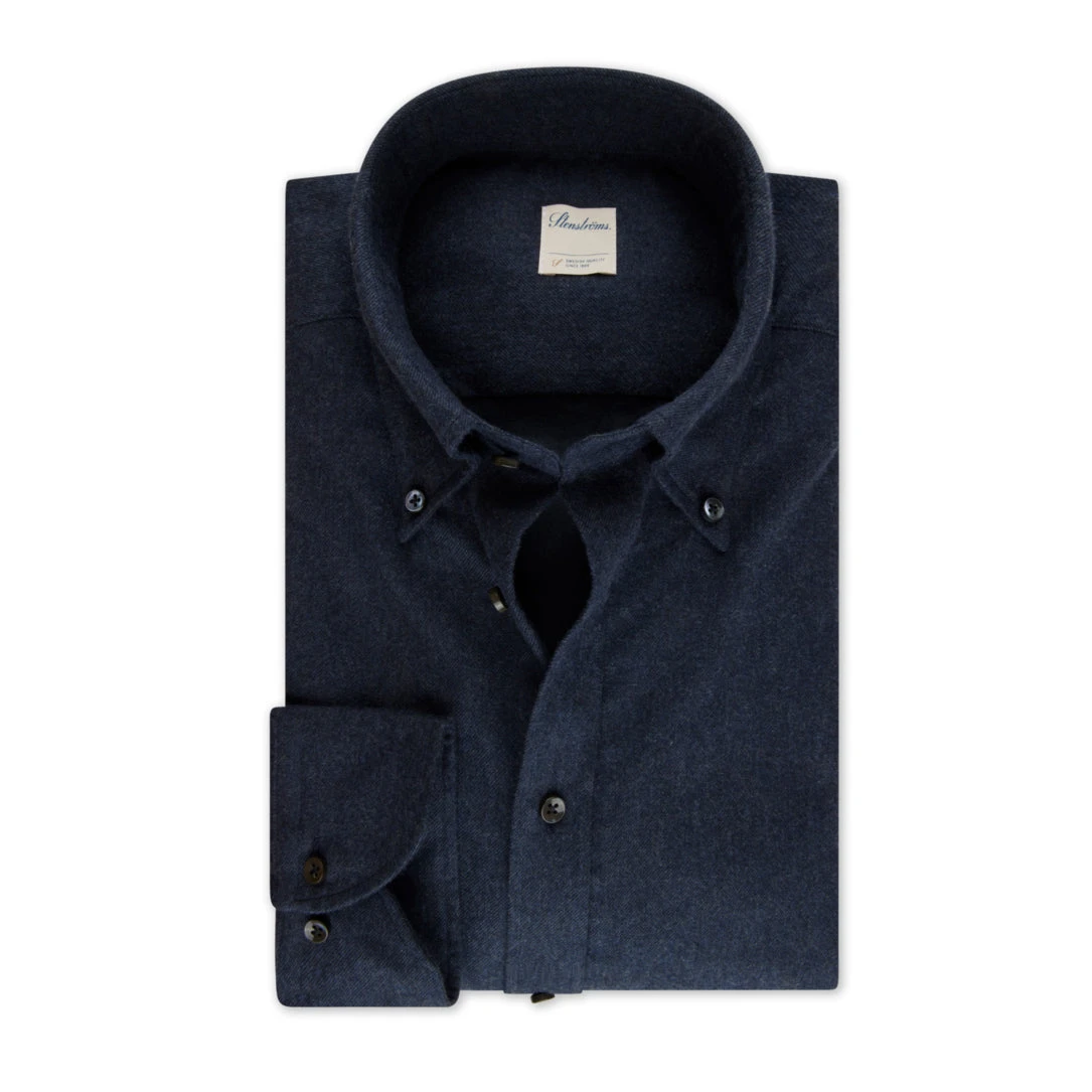 Navy Blue Flannel Slimline Casual Shirt - Stenströms 3 Navy Blue Flannel Slimline Casual Shirt - Stenströms