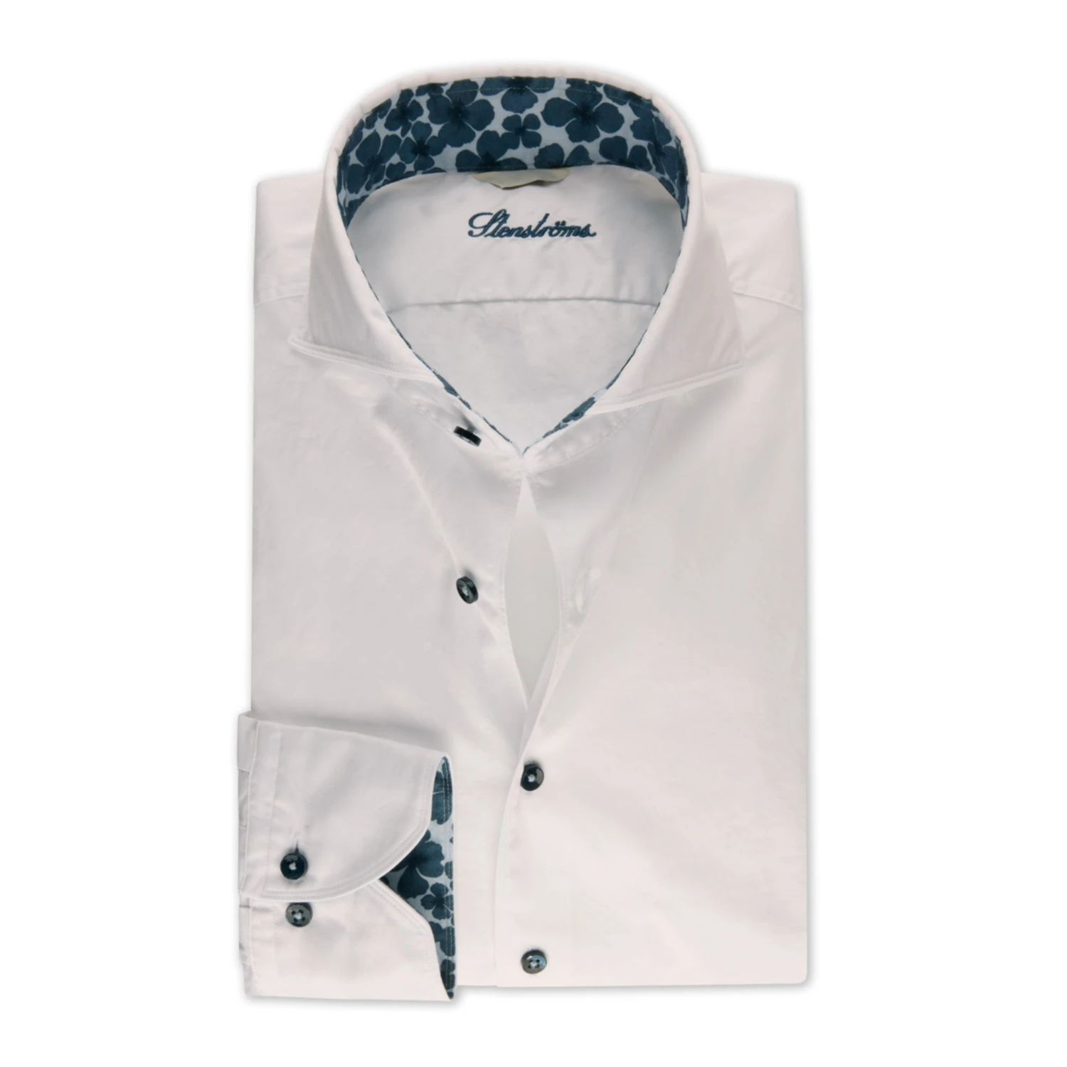 White Garment Wash Slimline Casual Shirt With Blue Floral Trim - Stenströms 3 White Garment Wash Slimline Casual Shirt With Blue Floral Trim - Stenströms