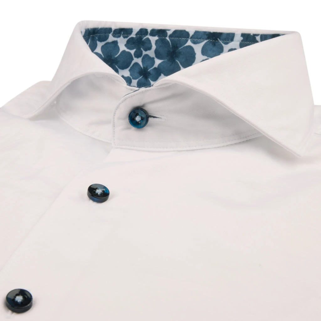 White Garment Wash Slimline Casual Shirt With Blue Floral Trim - Stenströms 4 White Garment Wash Slimline Casual Shirt With Blue Floral Trim - Stenströms - Image 2