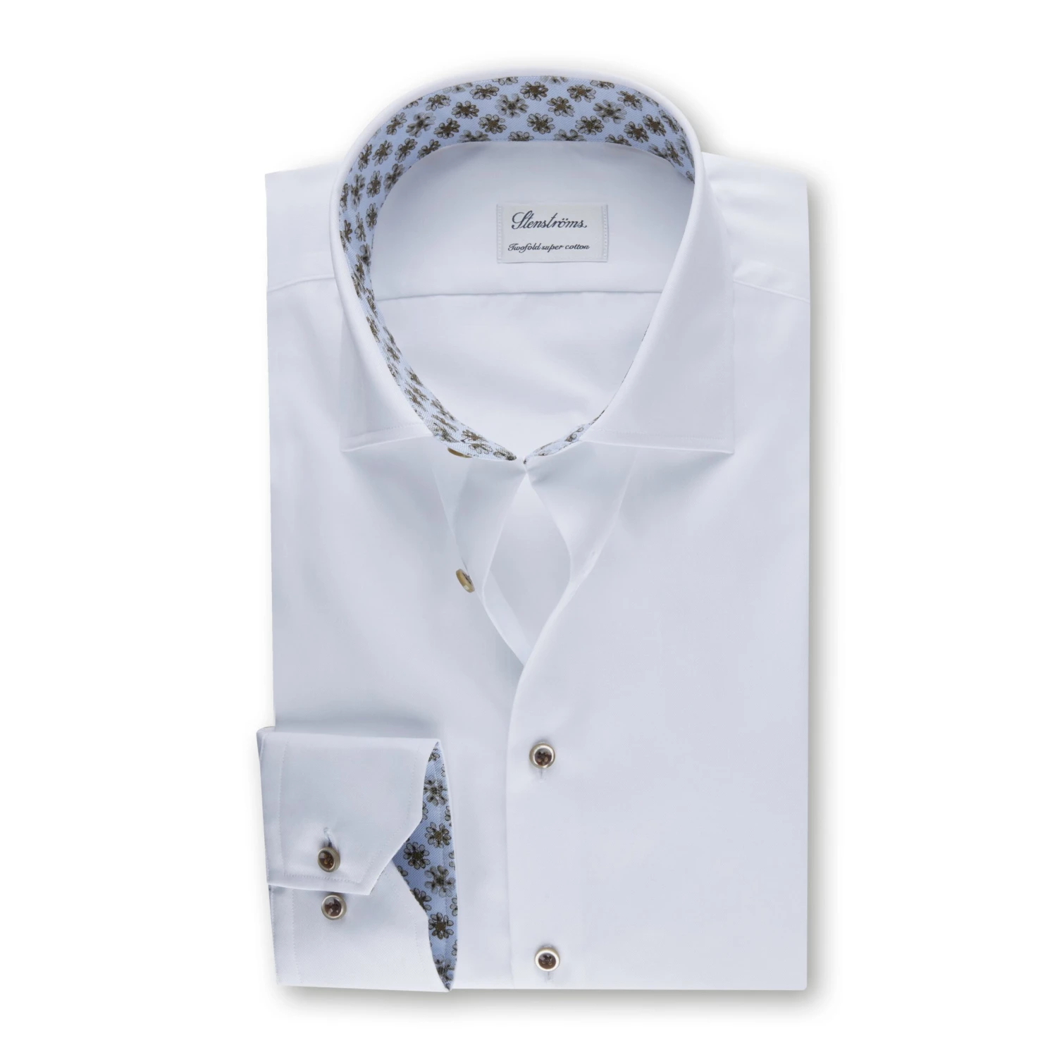 White Slimline Shirt With Floral Trim & Contrast Buttons - Stenströms 3 White Slimline Shirt With Floral Trim & Contrast Buttons - Stenströms