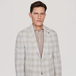 Light Grey And Tan Plaid Comfortwear Sport Jacket - Jack Victor 8 Light Grey And Tan Plaid Comfortwear Sport Jacket - Jack Victor -ETON Store C01225 92164