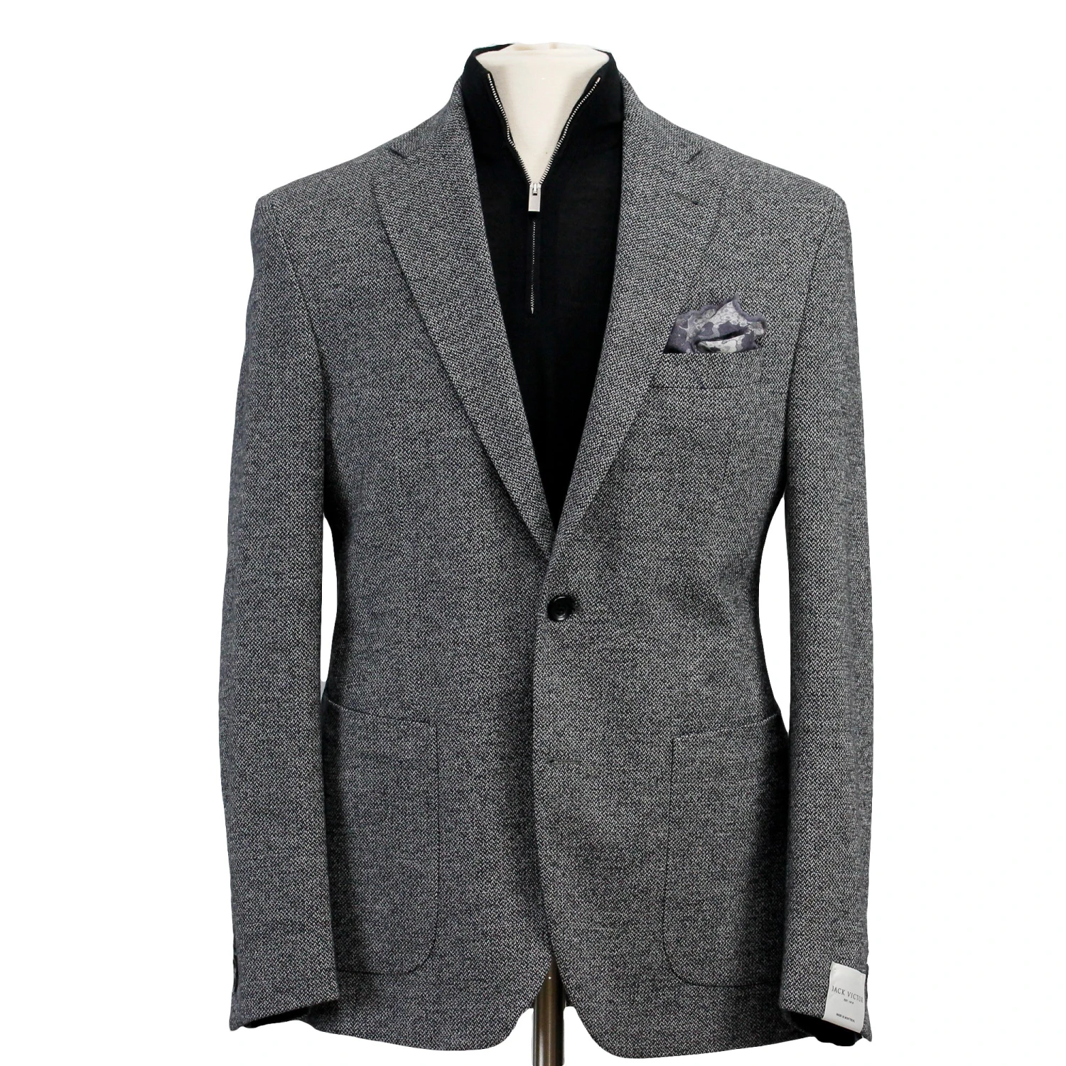 Gray Herringbone Hampton Contemporary Fit Cotton-Wool Knit Jacket - Jack Victor 3 Gray Herringbone Hampton Contemporary Fit Cotton-Wool Knit Jacket - Jack Victor