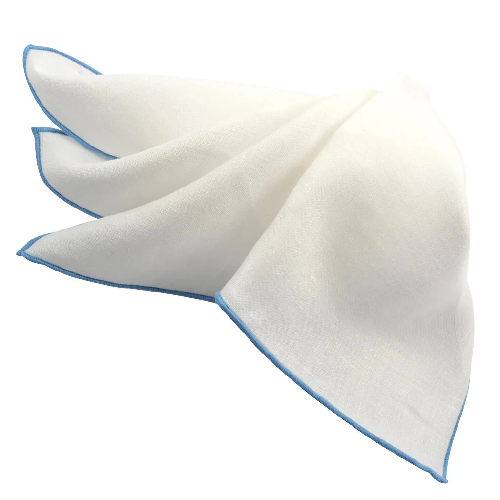 Light Blue Trim White Linen Pocket Square - DION 3 Light Blue Trim White Linen Pocket Square - DION