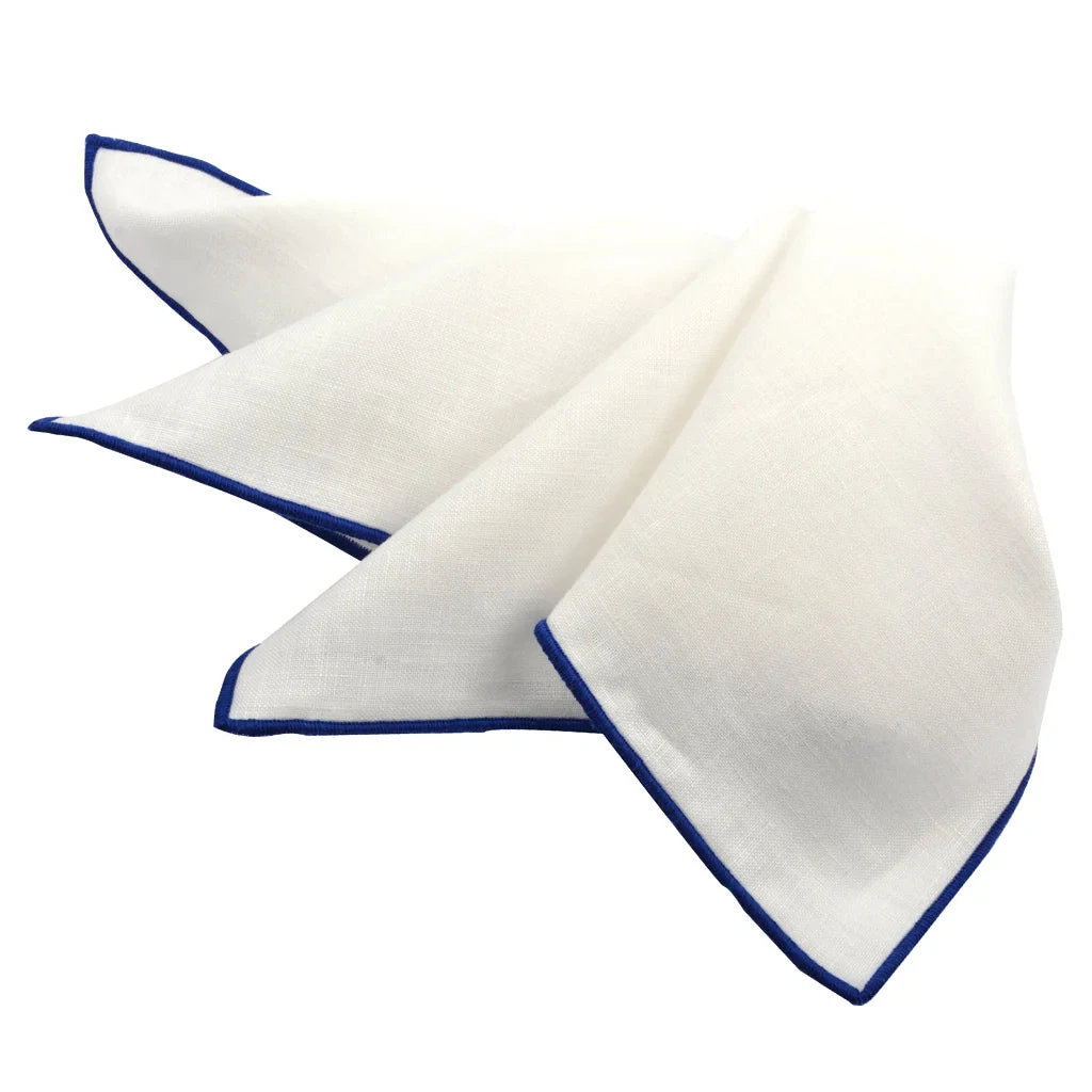 Royal Blue Trim White Linen Pocket Square - DION 3 Royal Blue Trim White Linen Pocket Square - DION