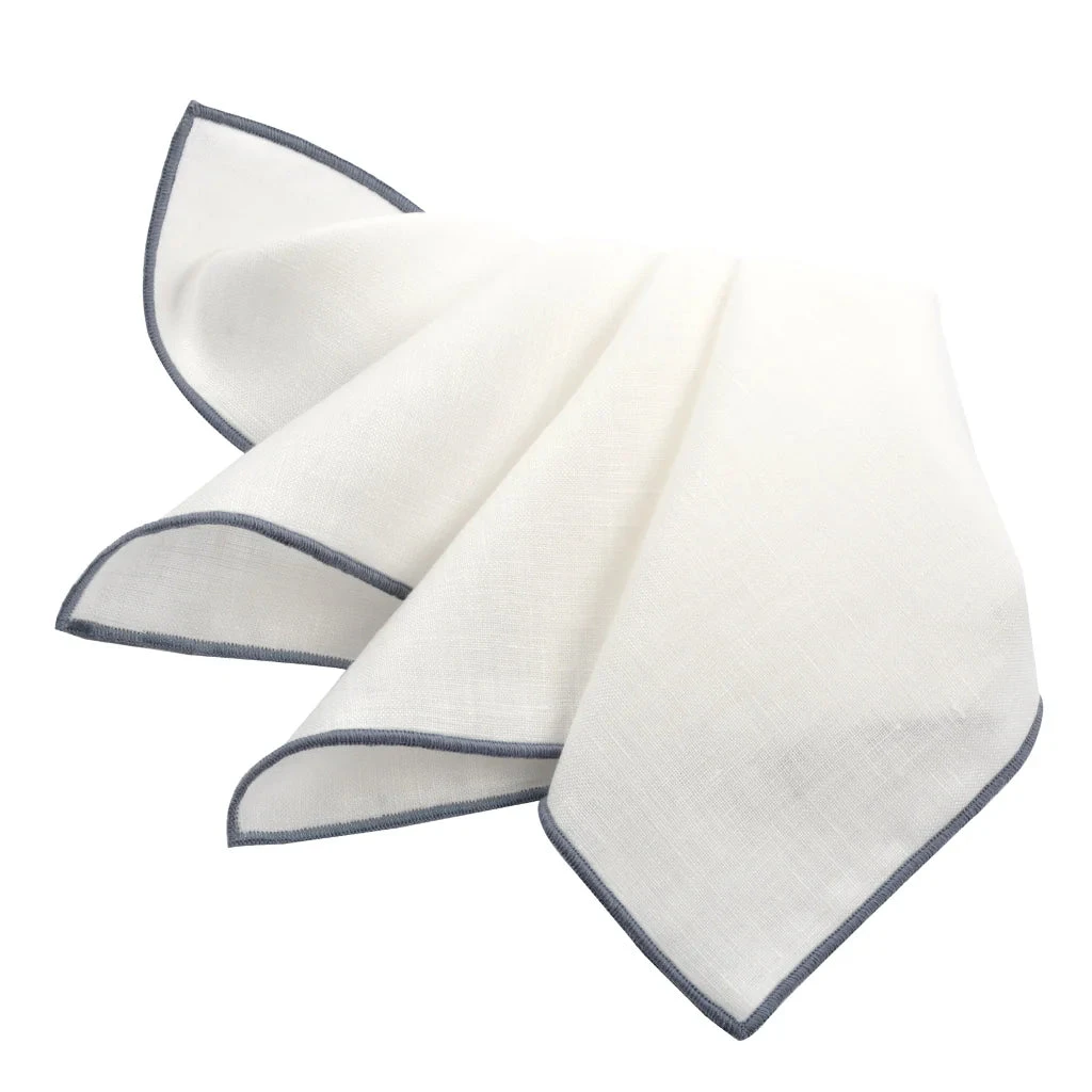 Gray Trim White Linen Pocket Square - DION 3 Gray Trim White Linen Pocket Square - DION