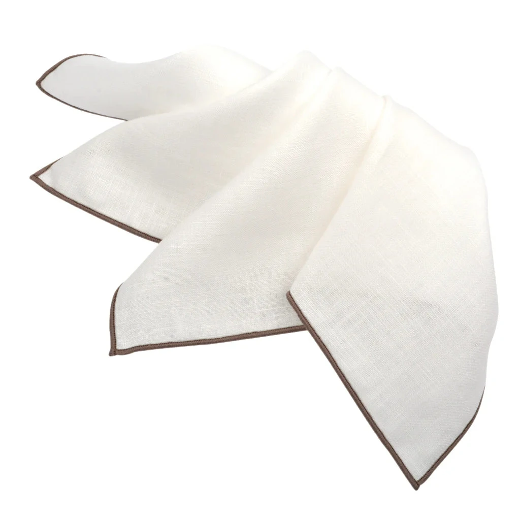 Beige Trim White Linen Pocket Square - DION 3 Beige Trim White Linen Pocket Square - DION