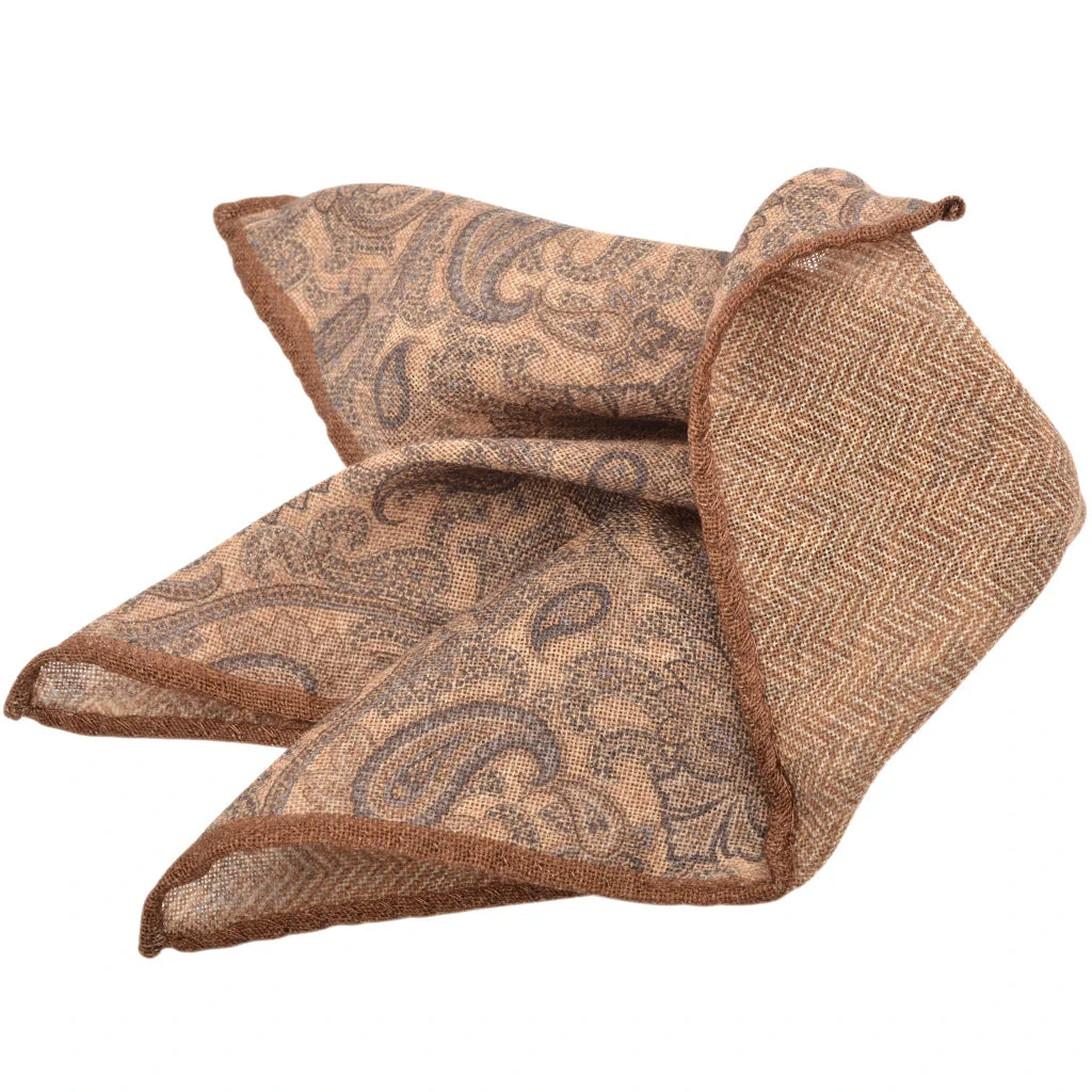 Café Paisley/Herringbone Reversible Wool Hankie - DION 3 Café Paisley/Herringbone Reversible Wool Hankie - DION