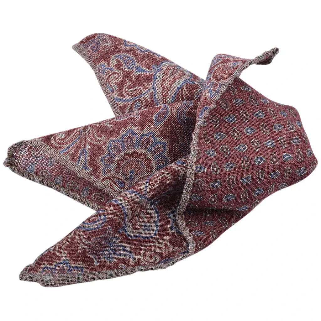 Burgundy Paisley Reversible Wool Hankie - DION 3 Burgundy Paisley Reversible Wool Hankie - DION