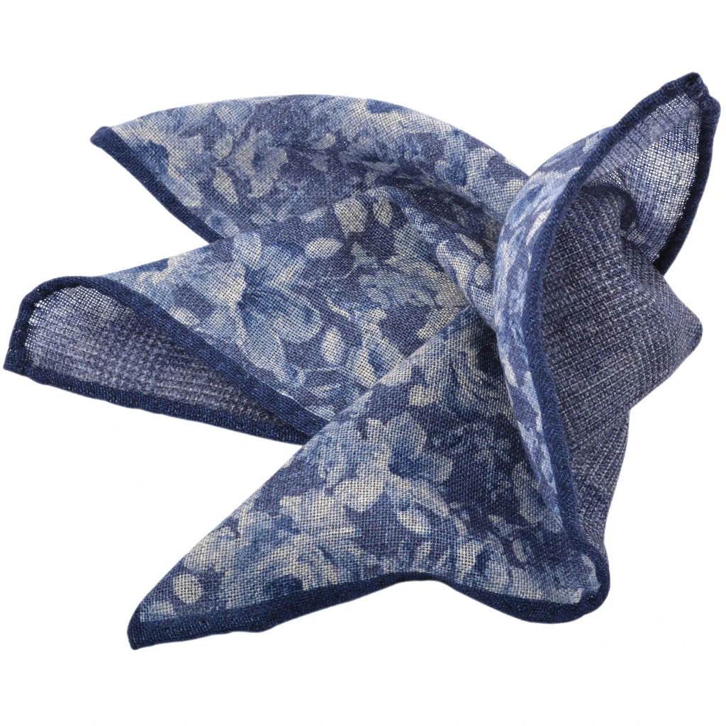 Tonal Blue Floral Reversible Wool Hankie - DION 3 Tonal Blue Floral Reversible Wool Hankie - DION