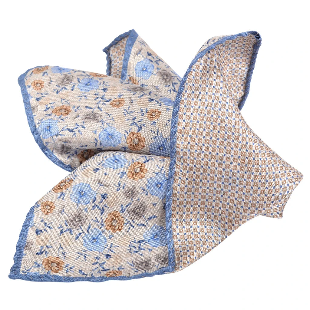 Blue & Brown Patterned Reversible Silk Pocket Square - DION 3 Blue & Brown Patterned Reversible Silk Pocket Square - DION